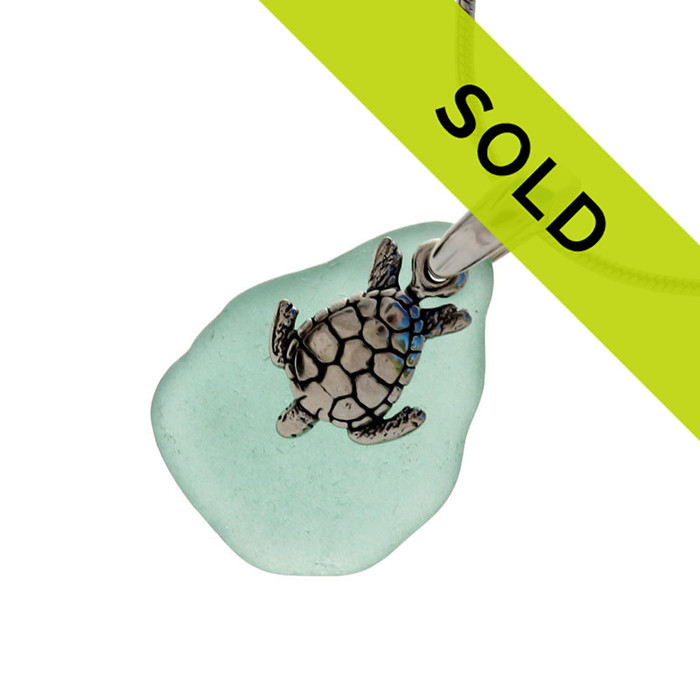 This aqua sea glass necklace with turtle charm has sold!