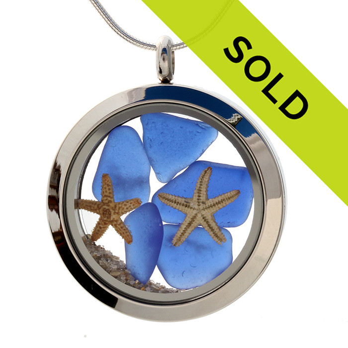 Small pieces of natural beach found blue sea glass combined with a real starfish and beach sand for your own personal beach on the go!