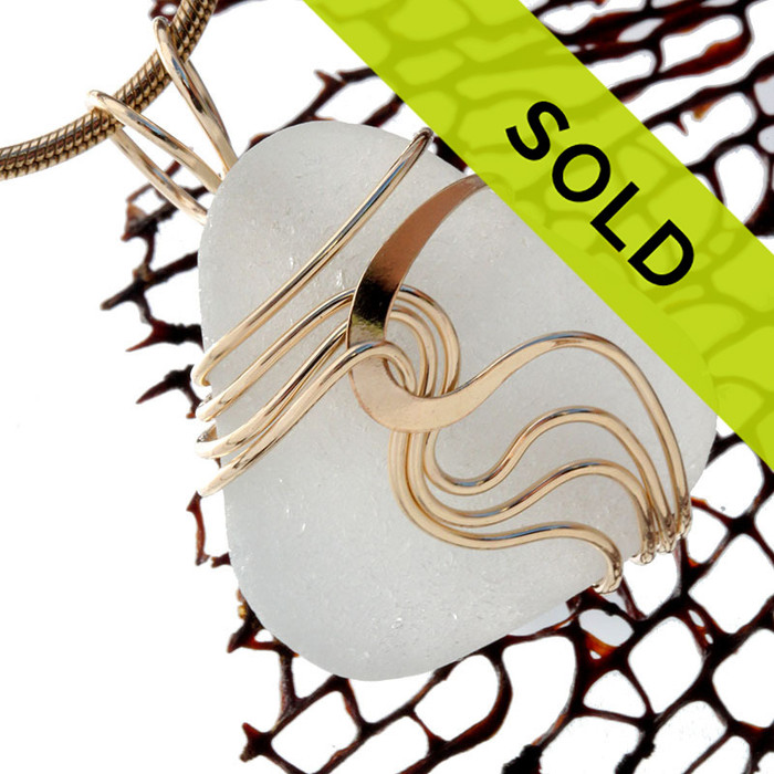 Frosty White Sea Glass In Gold Waves© Necklace Pendant