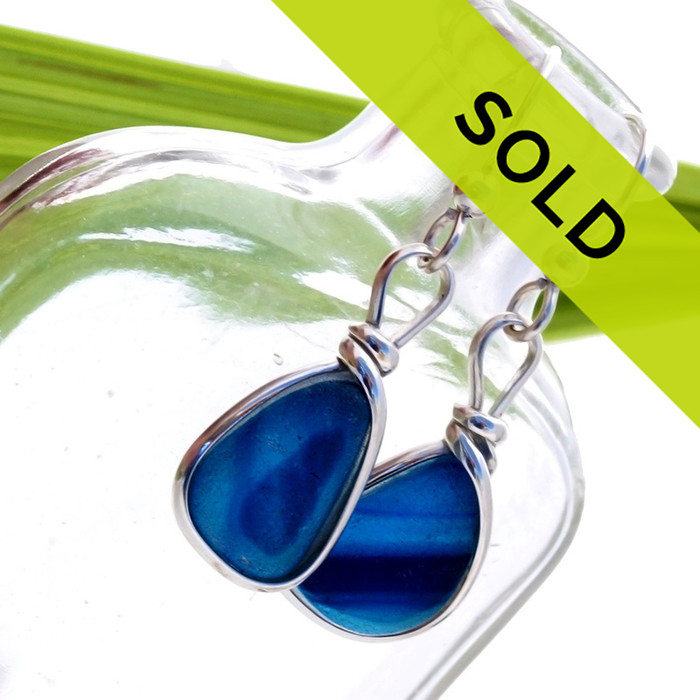 Super Ultra Rare pair of mixed blue English End Of Day sea glass pieces in our Original Wire Bezel© earring setting.