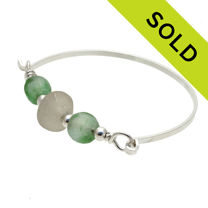 Thick White Sea Glass Sterling Bangle Bracelet With Green Beads