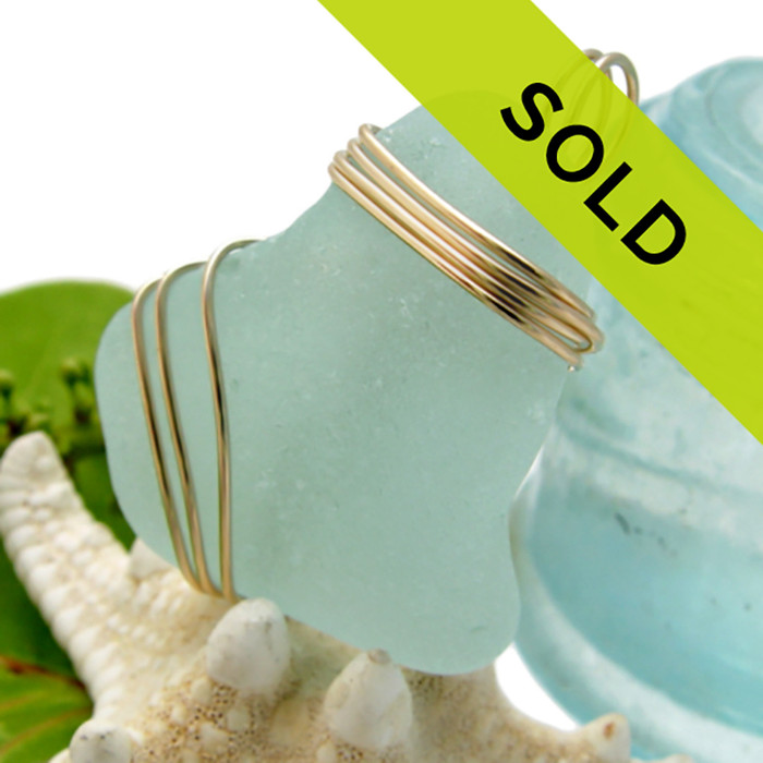 LARGE Aqua Green Sea Glass On 14K Goldfilled Triple Setting