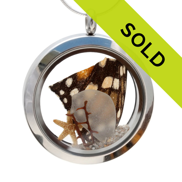 Genuine amber and white sea glass piece combined with a piece of Monarch butterfly wing, sea fan in this stainless steel locket necklace.
Sorry this sea glass jewelry item has been sold!