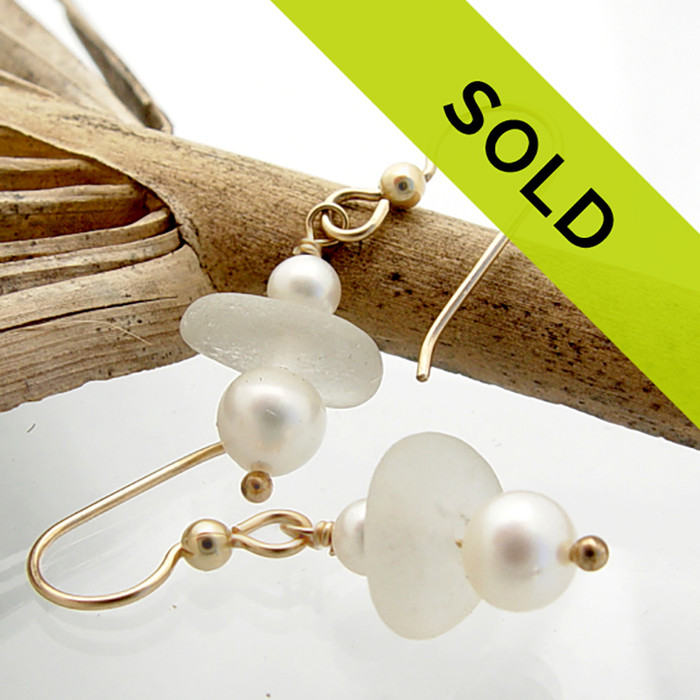 Perfect pure white sea glass set with AAA grade fresh water pearls in a nice elegant gold earrings