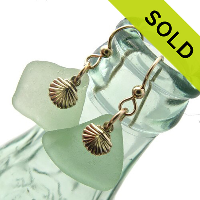 Large Seafoam Sea Glass Earrings In Gold With Shells 
