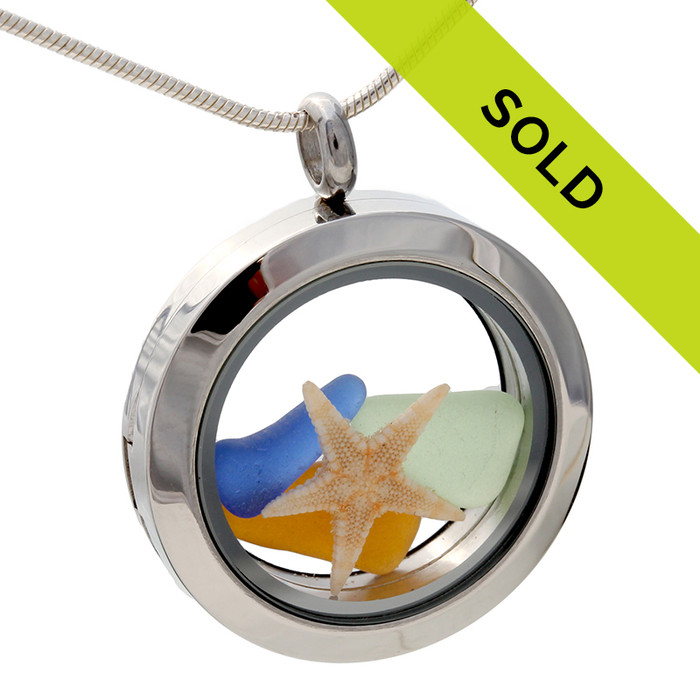 Jeweltone Sea Glass In Stainless Steel Locket w/ Starfish