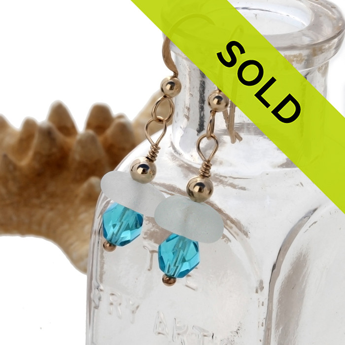 White Genuine Sea Glass With Vintage Aqua Crystals 14K G/F Earrings