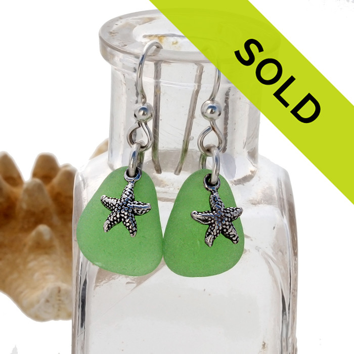 Sea Glass Earrings In Green on Sterling Silver With Starfish Charms