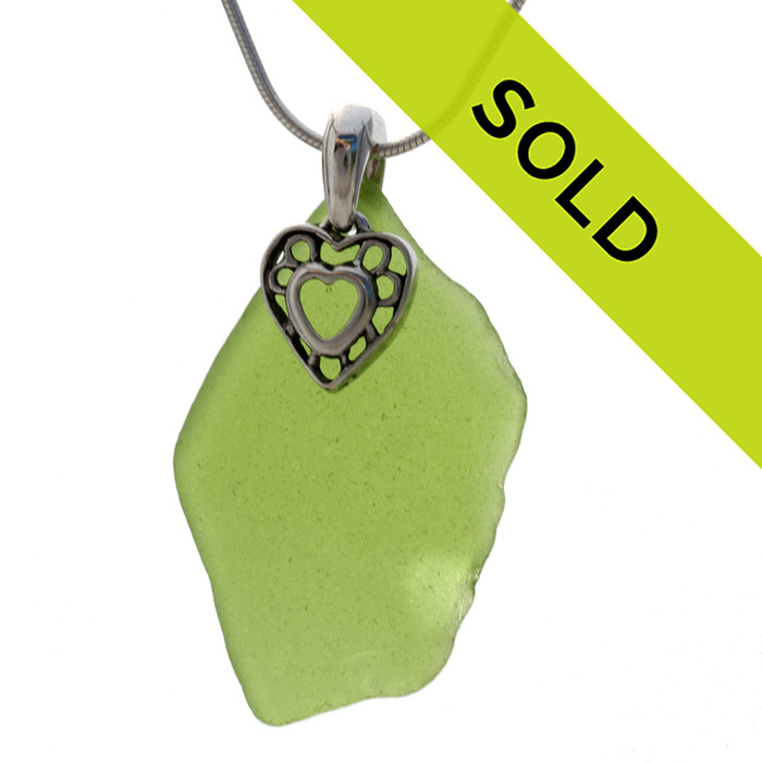 Large RARE Lime Green Sea Green Sea Glass With Sterling Silver Heat In Heart Charm - S/S CHAIN INCLUDED