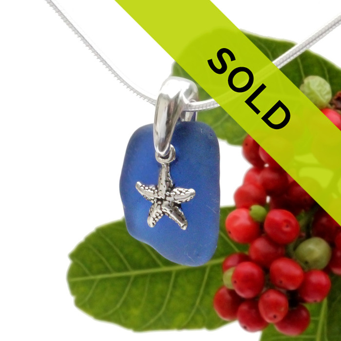 Cobalt Blue Sea Glass Necklace On Sterling Bail With Starfish - S/S CHAIN INCLUDED