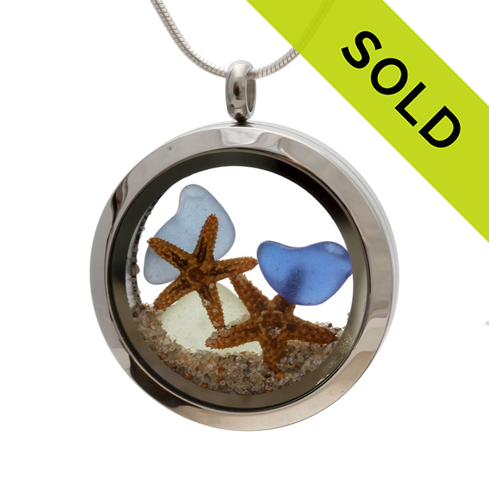 Mother & Child - Green & Blue Sea Glass, Real Starfish and Real Sand With Mom Charm 