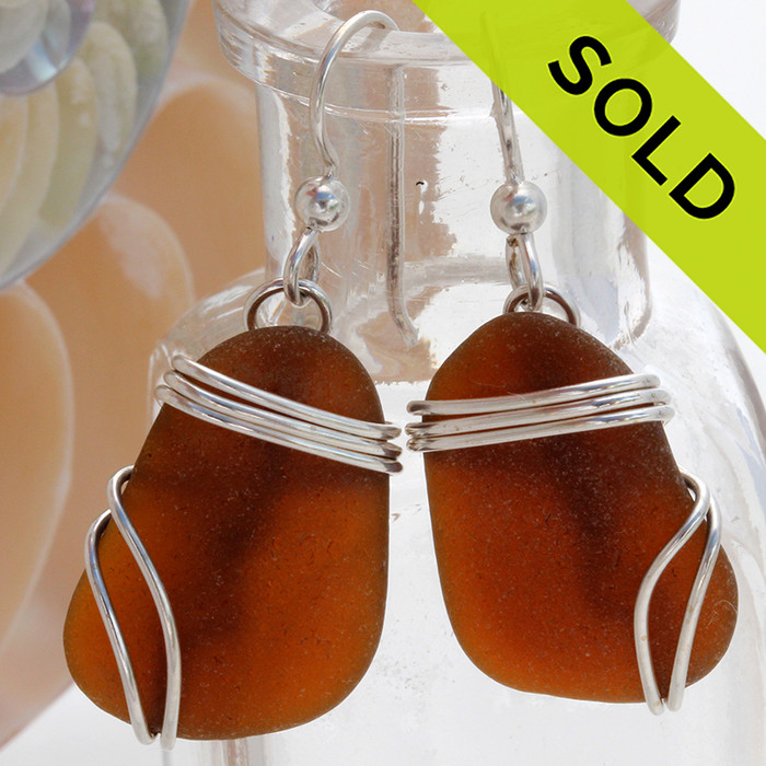Larger Brown Sea Glass Earrings In Triple Solid Sterling Silver Setting
