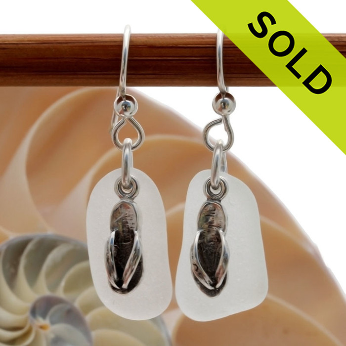 Airy and light pure white sea glass earrings in sterling with sterling flip flop charms!