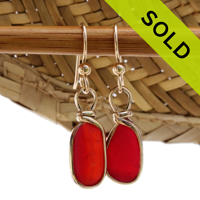 TOP QUALITY Certified Rare RED/ORANGE Genuine Sea Glass in our Original Wire Bezel© earring setting lets all the color of these beautiful gold set beach found sea glass pieces shine!