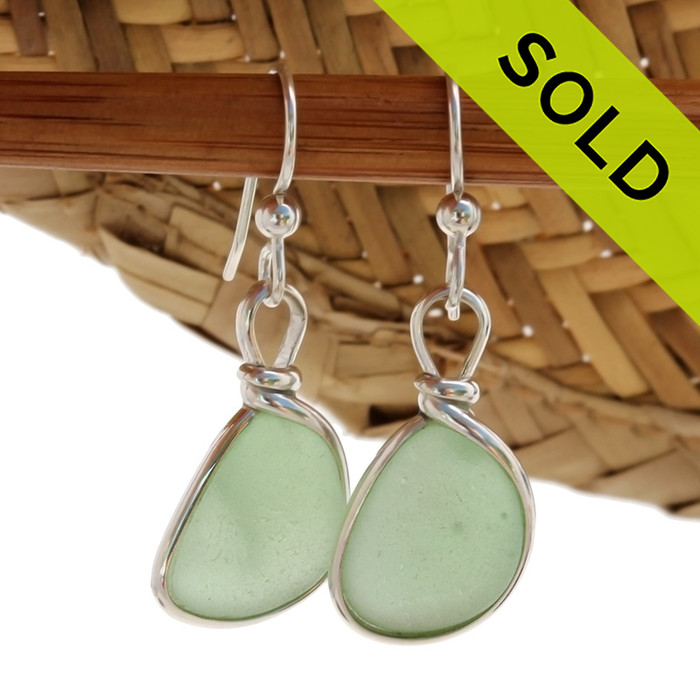 Genuine beach found Yellowy Simple  Seafoam Green Sea Glass Earrings in a Solid Sterling Silver Original Wire Bezel© setting.
SOLD - Sorry these Sea Glass Earrings are NO LONGER AVAILABLE!