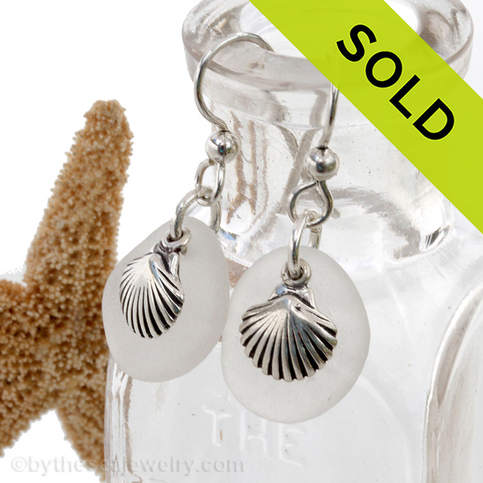 Sea Glass Earrings In White on Sterling Silver With S/S Shell Charms