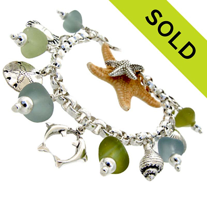 ONE OF A KIND - Ocean Storm-  Natural Sea Glass On Sterling Charm Bracelet