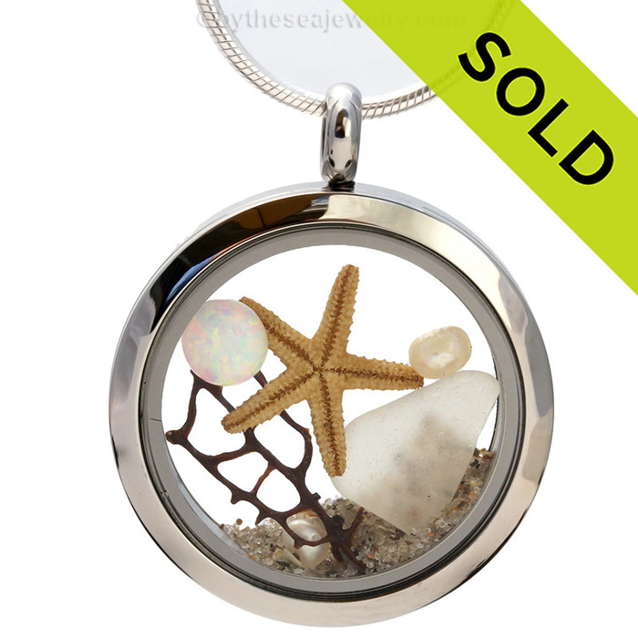 October By The Sea - White Genuine Sea Glass Locket Necklace With Starfish, Pearls & Opal - October Birthstone