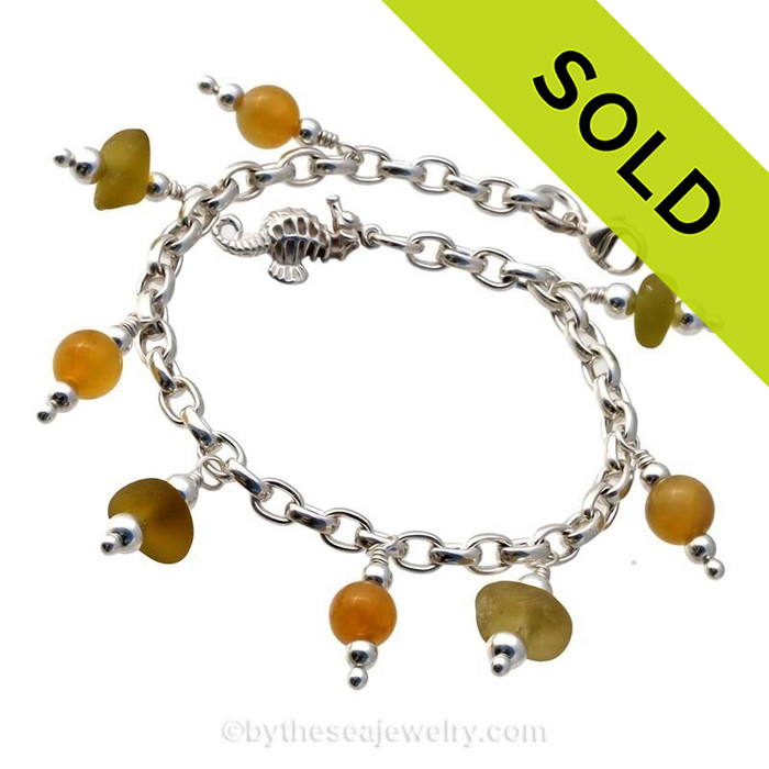 Citron Gold English Genuine Sea Glass All Sterling Charm Bracelet W/ Vintage Gem Beads