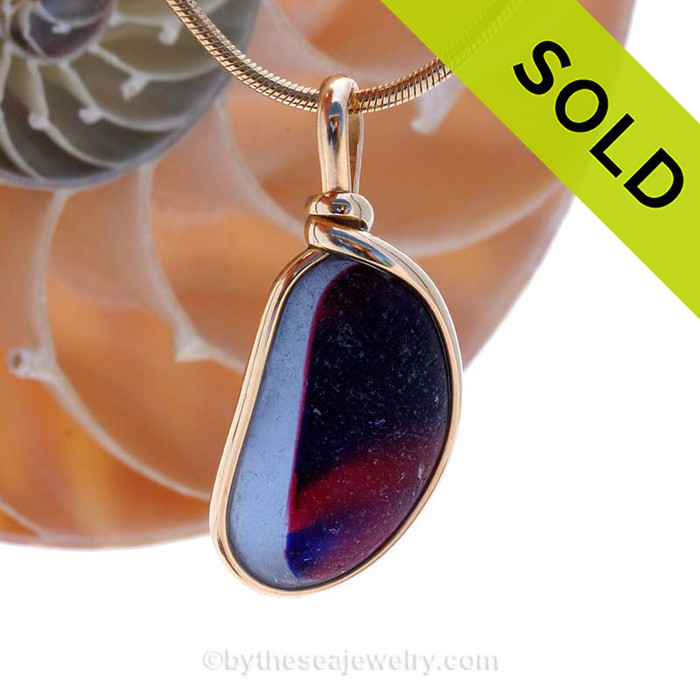 A SUPER ULTRA RARE mixed vivid tourmaline pink color  and deep purple this English sea glass piece  set in our Original Wire Bezel© necklace pendant setting in 14K Rolled Gold.
SOLD - Sorry This Sea Glass Jewerly Selection Is NO LONGER AVAILABLE!