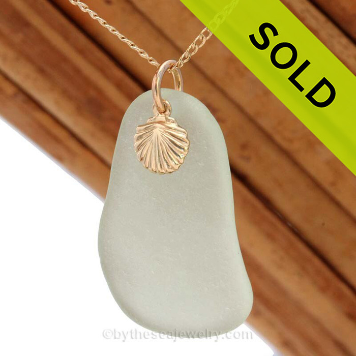 A perfect larger Seafoam Green sea glass necklace is combined with a 14K goldfilled shell charm and comes WITH this 18 Inch 14K Goldifilled curb chain!