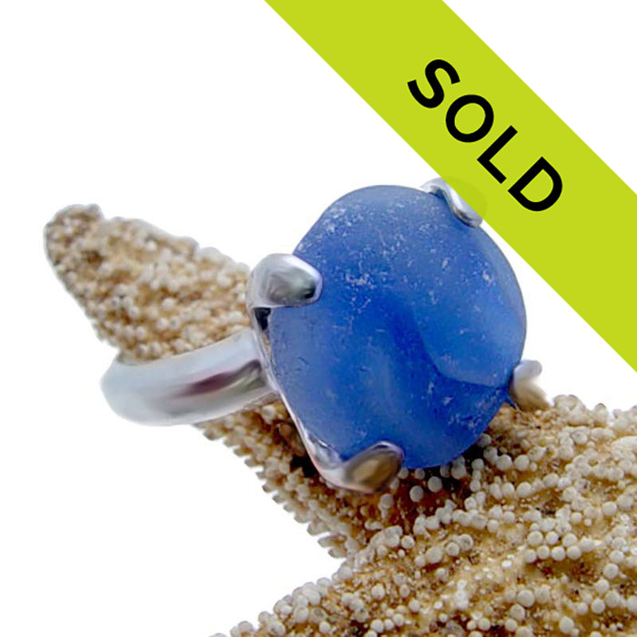 Blue Sea Glass Marble Piece In Sterling Ring - Size 8