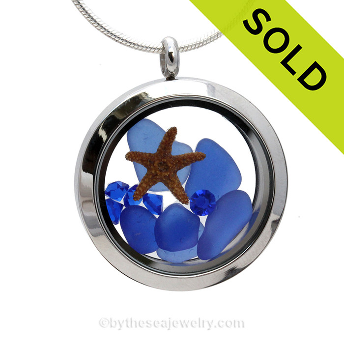  Stars In The Sea - Blue Sea Glass Locket With Starfish & Sapphire Gems - September Birthstone (LOCK1918
SOLD - Sorry this Sea Glass Locket is NO LONGER AVAILABLE!