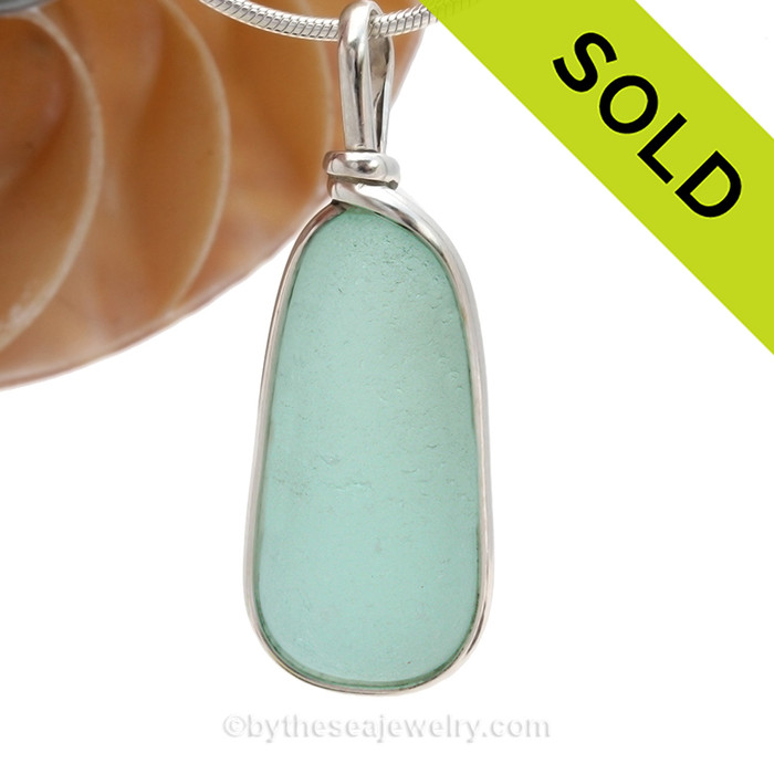 A LARGE and beautiful aqua Sea Glass Pendant in our Original Wire Bezel© Setting in Solid Sterling Silver.