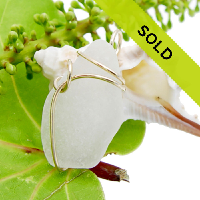 Simple Genuine White Sea Glass Pendant In Deco Sideset Goldfilled Pendant