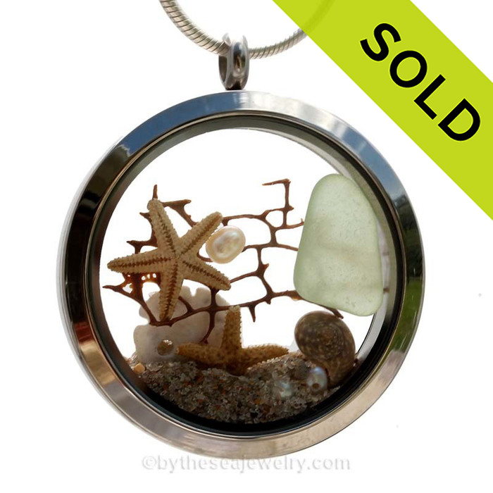 Slice of the Sea  - Seafoam Green Sea Glass & Pearls,Seafan, Starfish and Beach Sand - JUMBO 35MM Locket