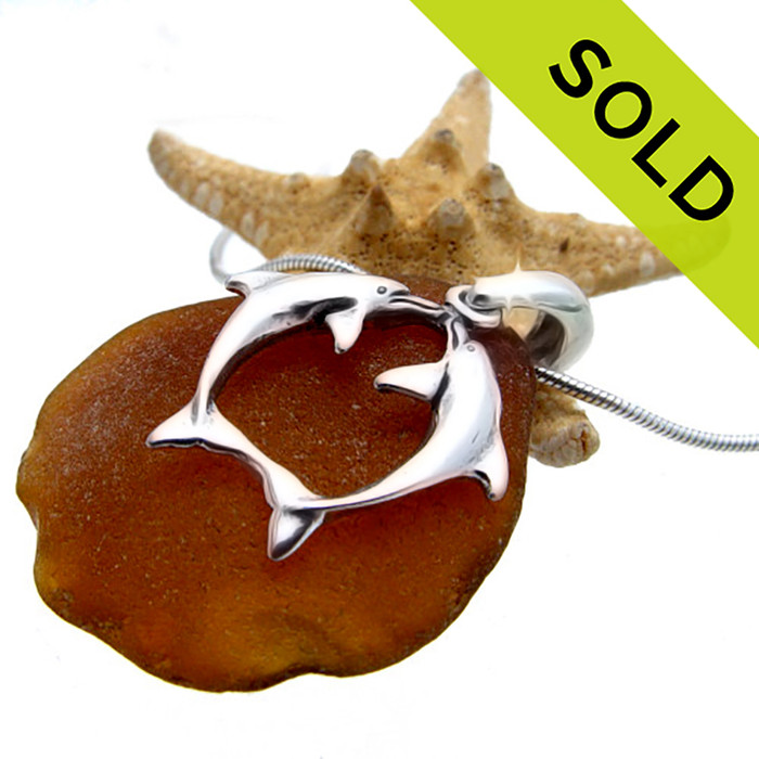 Sea Charmed -Amber Sea Glass On Sterling Bail W/ Dolphins 