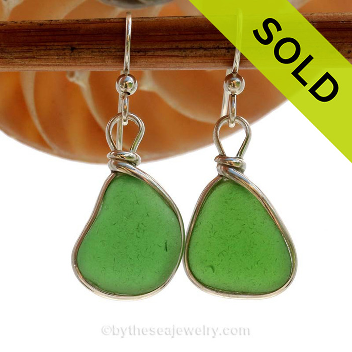 Vivid Mermaids Emeralds in Green Glowing Sea Glass Earrings set in our Original Wire Bezel  Setting lets all the beauty of these beauties shine! 
SOLD - Sorry these Sea Glass Earrings are NO LONGER AVAILABLE!