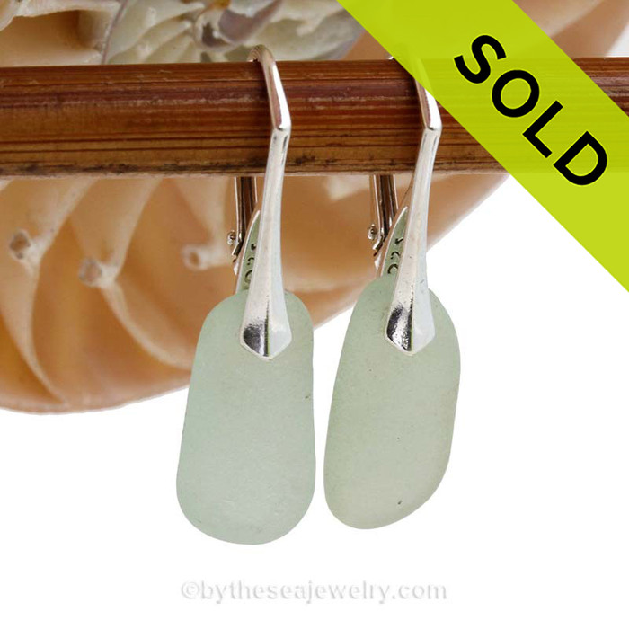 Perfect Longer Seafoam Green beach found sea glass pieces set on Solid Sterling Silver Leverback Earrings. 
SOLD - Sorry these Sea Glass Earrings are NO LONGER AVAILABLE!