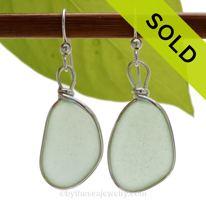 LARGE and PERFECT Seafoam Green  beach found Sea Glass Earrings set in our signature Original Wire Bezel© setting in silver.