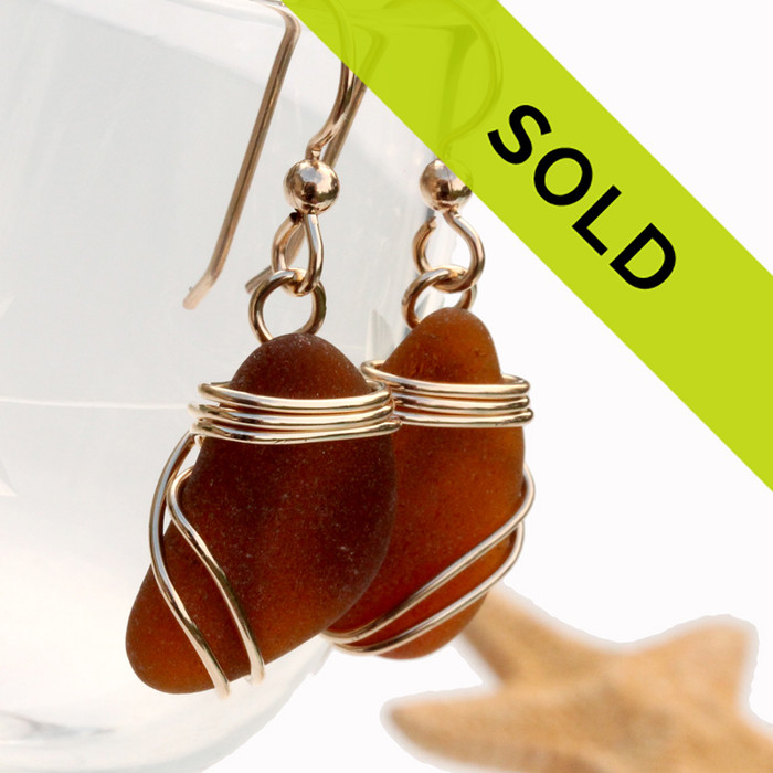 Amber Sea Glass Earrings In 14K Rolled Gold Triple Setting