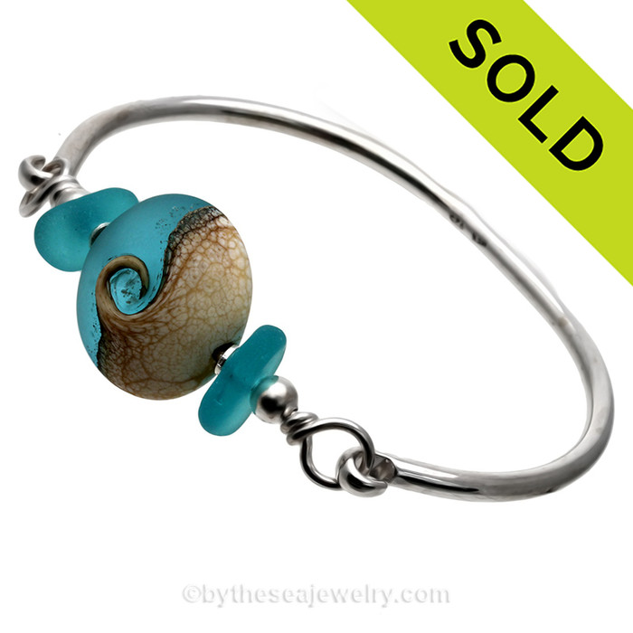 Electric Aqua Blue Genuine Sea Glass Sterling Premium Bangle Bracelet With Lampwork Glass Wave Bead