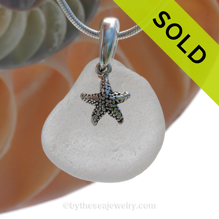 Pure Bright White Sea Glass Necklace with Beach found sea glass and solid sterling silver sea star charm and Solid Sterling Silver Snake chain.
SOLD - Sorry this Sea Glass Necklace is NO LONGER AVAILABLE!