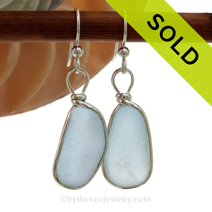 Rich thcik Baby Blue sea glass pieces from the Sea Of Japan are set in our Original Wire Bezel© earring setting. 