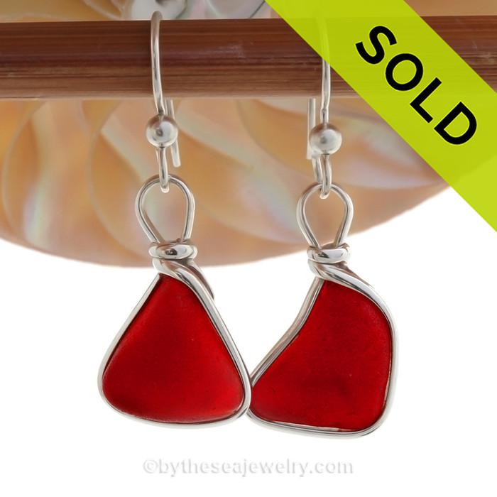 Riptide Rubies - Genuine Red Ruby Beach Found Sea Glass Earrings In Solid Sterling Original Wire Bezel©