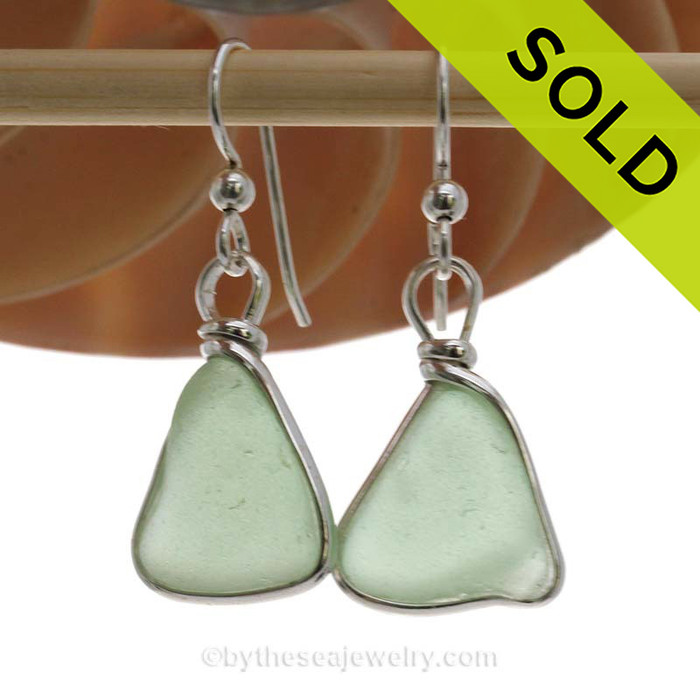 Triangles of  Seafoam Green Beach Found Sea Glass Earrings In Solid Sterling Silver Original Wire Bezel©