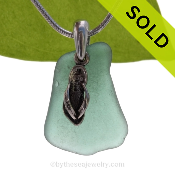 Lovely Teal Green Sea Glass With Sterling Silver Flip Flop Charm - 18" STERLING CHAIN INCLUDED