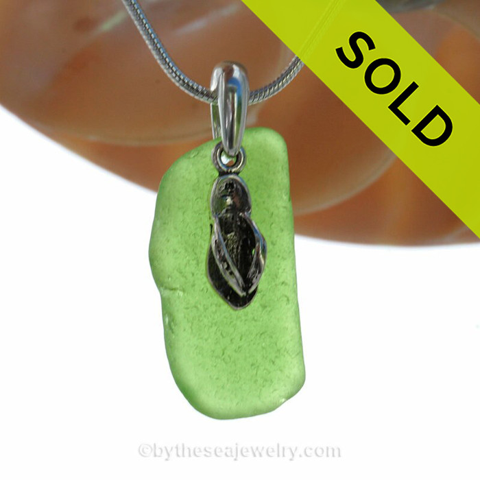 Lime Green Sea Glass Necklace with Sterling Silver Flip Flop Charm - 18" Solid Sterling Chain INCLUDED