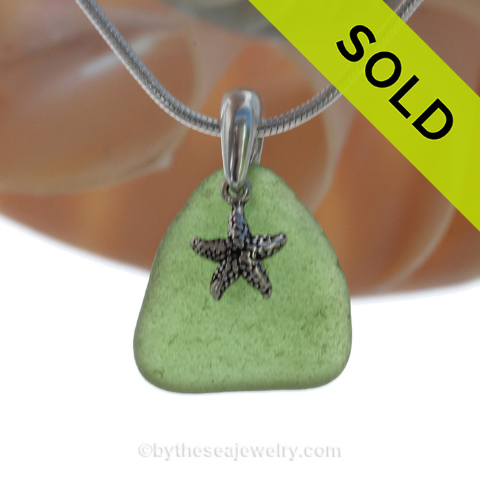 Green Genuine Sea Glass Necklace with Beach found Sea Glass and Solid Sterling Starfish charm and Solid Sterling Silver Snake chain.