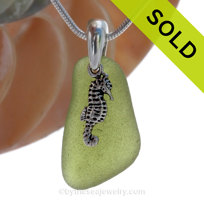 Green VIVID Peridot Green Genuine Sea Glass Necklace with Solid Sterling Silver Seahorse  Charm - 18" Solid Sterling Chain INCLUDED.
SOLD - Sorry this Sea Glass Necklace is NO LONGER AVAILABLE!