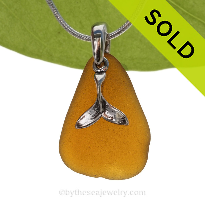 Bright Amber Brown Sea Glass Necklace with Beach found sea glass and solid sterling silver Cetacean Tail charm and Solid Sterling Silver Snake chain.