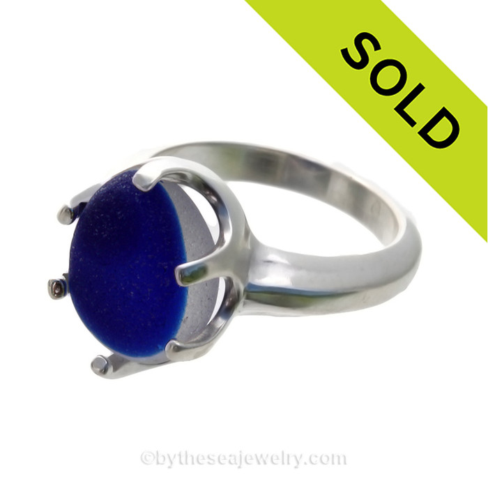A stunning piece of Victorian Era Electric Cobalt Blue & White Sea glass Ring in a secure Solid Sterling prong ring.