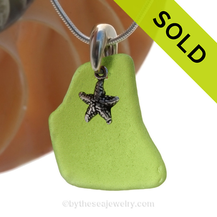 VIVID Large Lime Green Sea Glass Necklace with Beach found sea glass and solid sterling Starfish Charm and Solid Sterling Silver Snake chain.