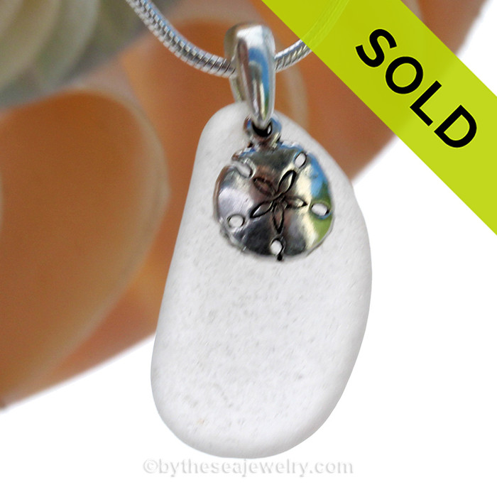 Pure White Sea Glass Necklace with Sterling Silver Sandollar Charm - 18" Solid Sterling Chain INCLUDED