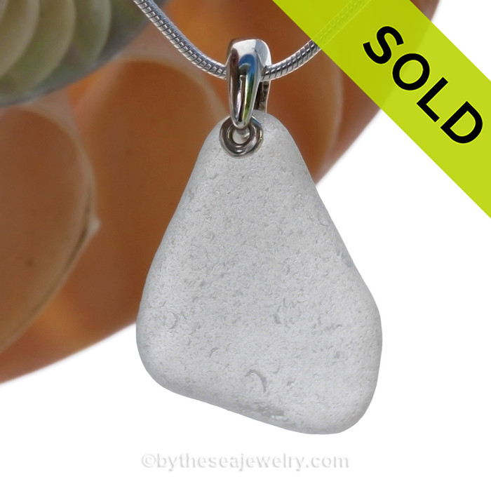 Pure White Sea Glass Necklace with Beach found sea glass on a sterling bail and Solid Sterling Silver Snake chain.