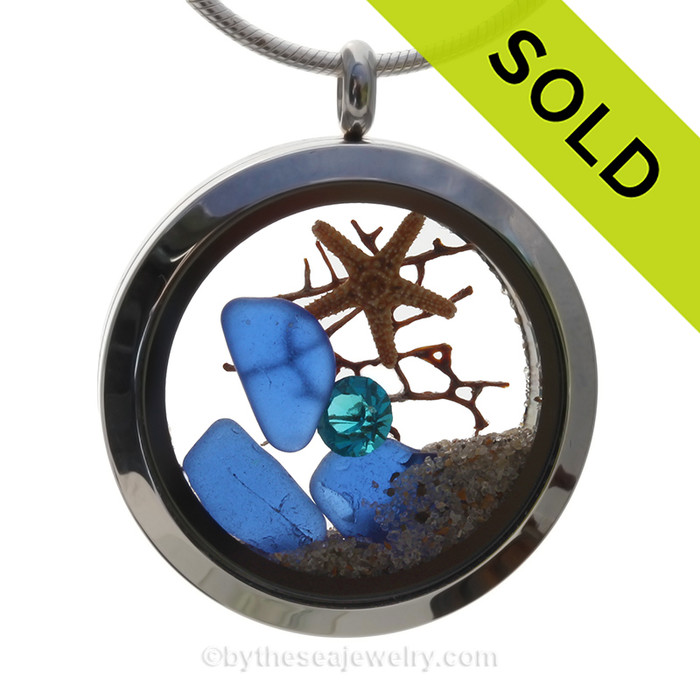 A December Sea  - Cobalt Blue Genuine Sea Glass With Starfish Stainless Steel Locket 